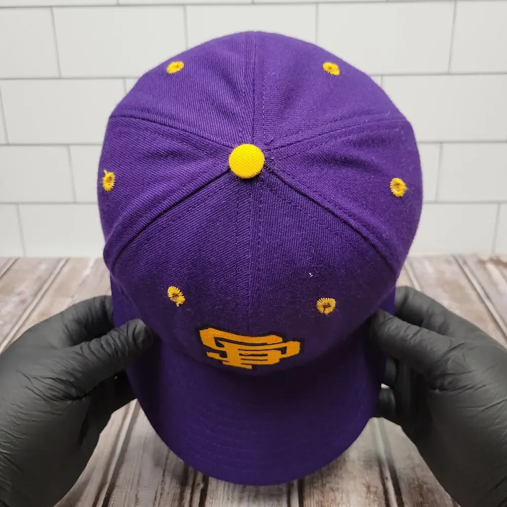 Vintage DeLONG UW Stevens Point  Pointers Fitted Hat 7 1/4 Made USA Purple Gold